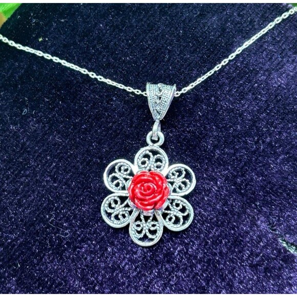Hand Crafted Jewelry - 925 Sterling Silver Turkish Filigree Flower Necklace for Women, NEW,HandmadeGift